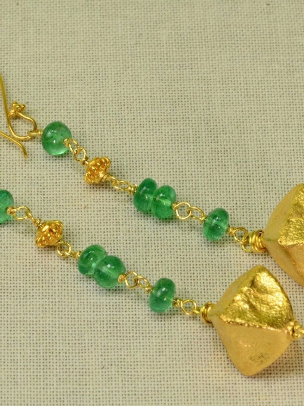 18K Solid Yellow Gold 2.6” Emerald Earrings